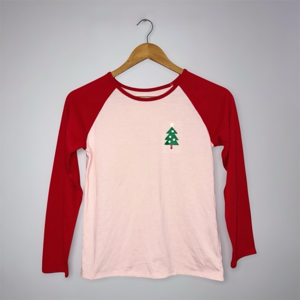 Cat & Jack Size L (10/12) Festive Pink and Red Long Sleeve Raglan Pajama Top